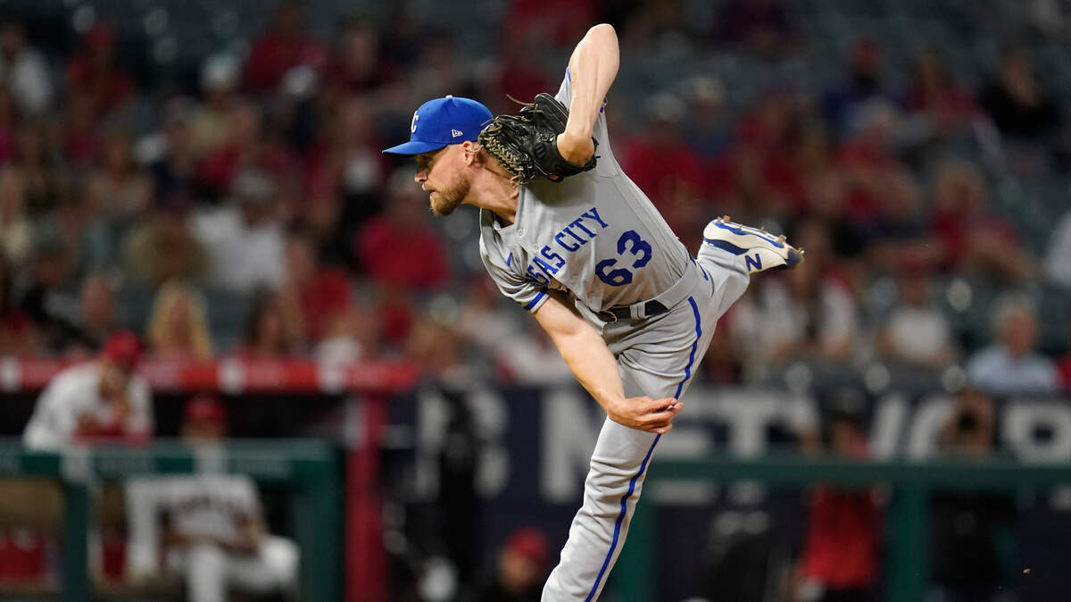Kansas City Royals relief pitcher Josh Staumont (63) throws during the ninth inning against the Los Angeles Angels on Monday in Anaheim, Calif.