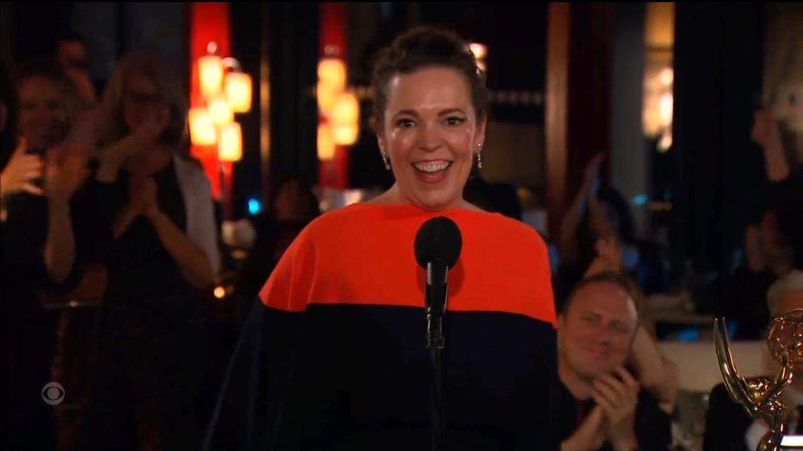 “The Crown” won best drama series and all four drama acting Emmy Awards on Sunday, including best actress for the queen herself, Olivia Colman.