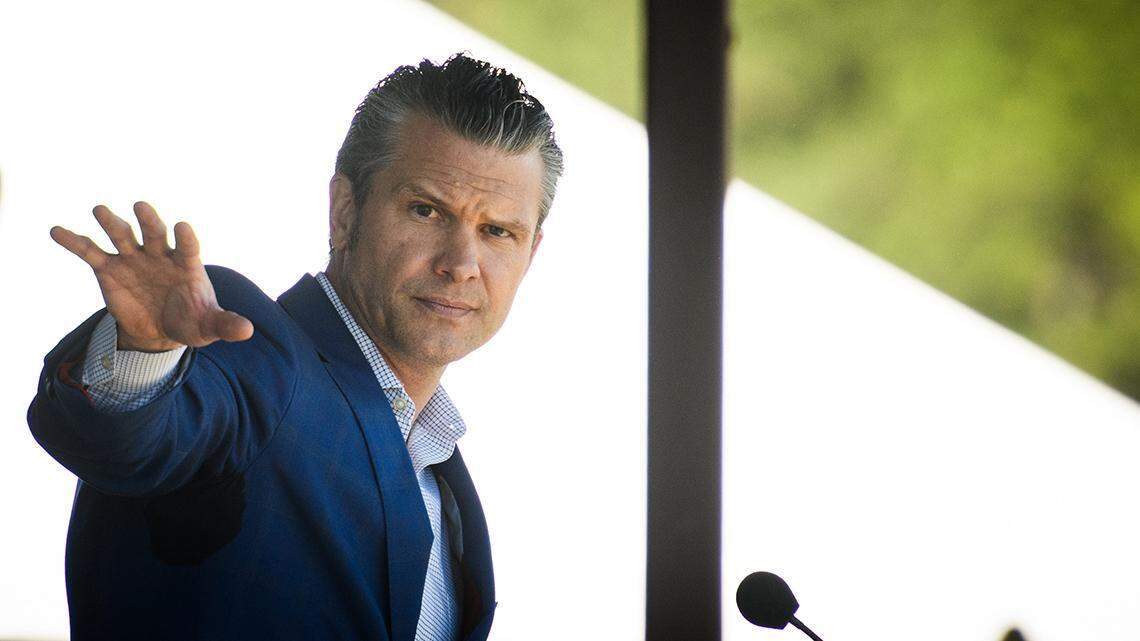 Secretary of Defense Pete Hegseth speaks at the 82nd Airborne Division review on Thursday, May 22, 2025, on Fort Bragg.