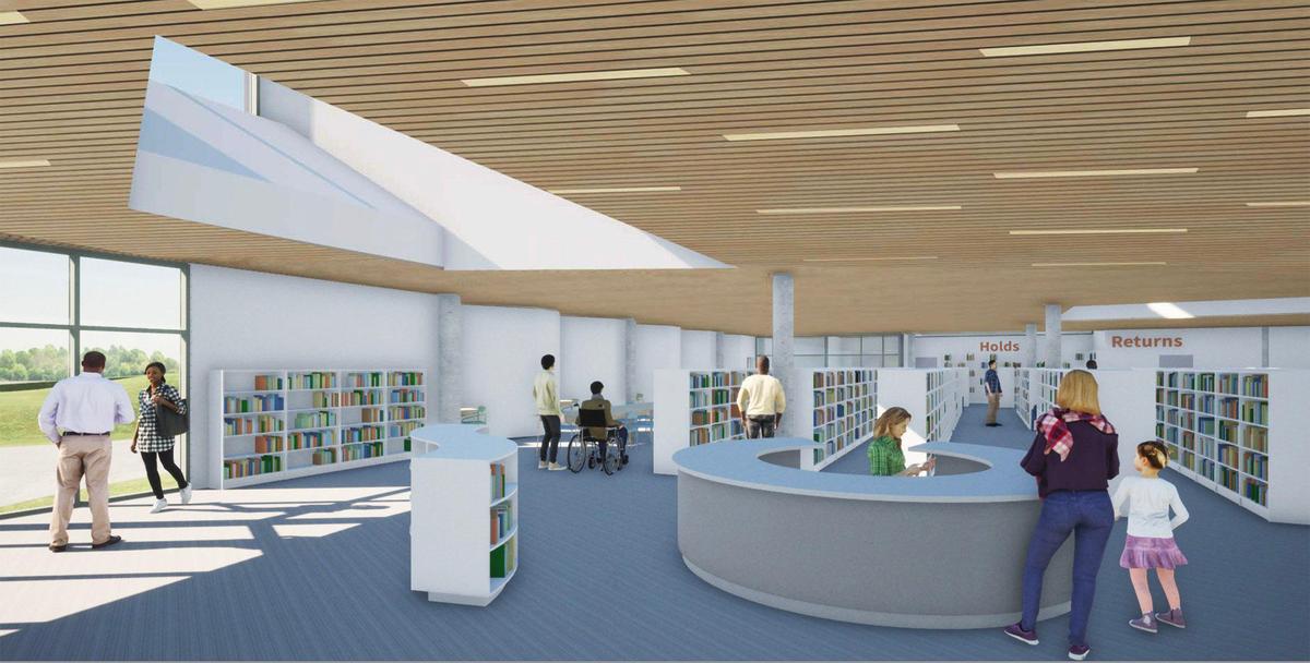 A rendering shows the planned interior of the Merriam Plaza Library, designed by Kansas City-based Dake Wells Architecture. Titan Built of Lenexa is the general contractor.