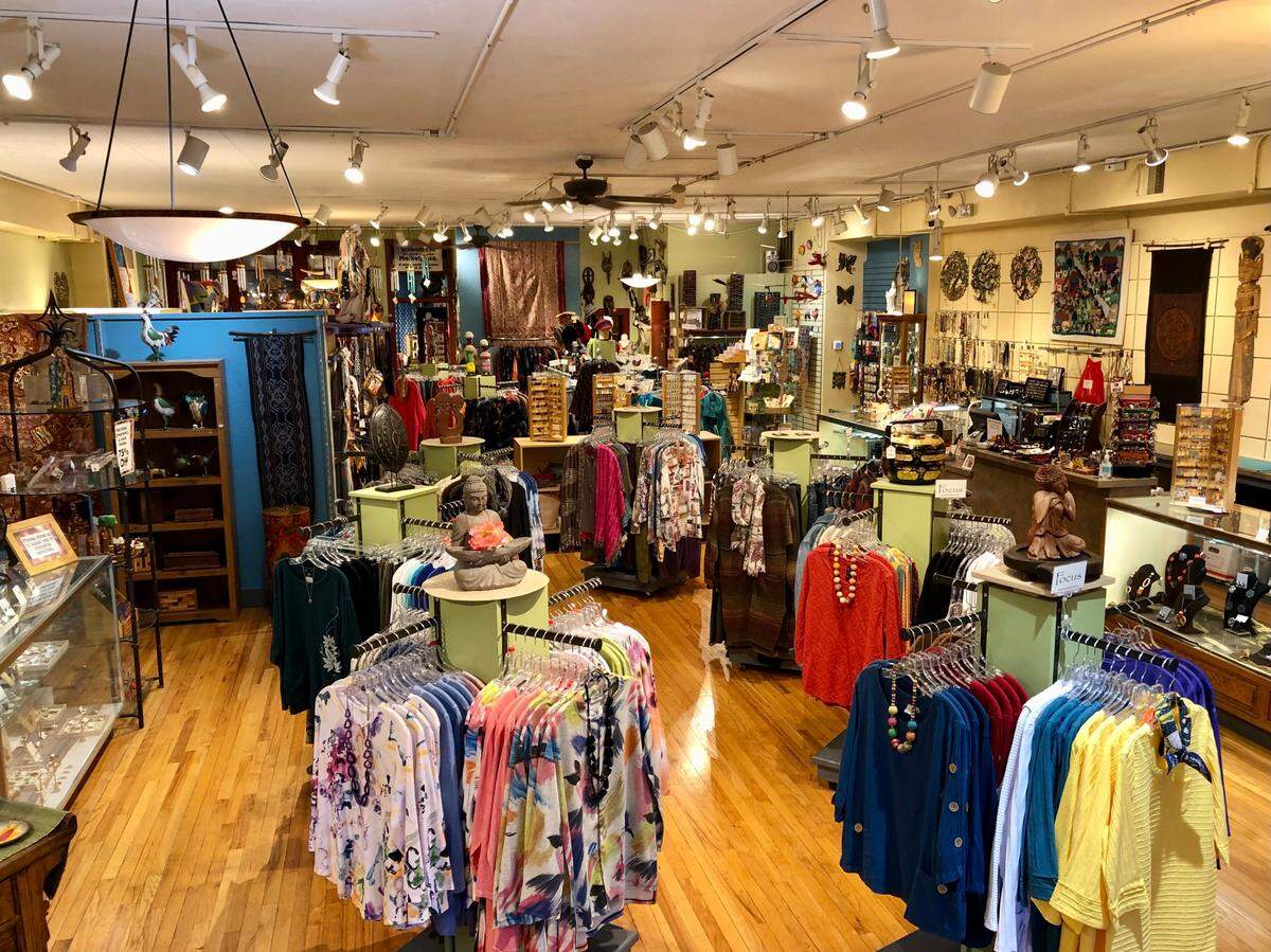 World’s Window is filled with clothing, jewelry, gifts, folk art, scarves and accessories, and home decor. It has a going out of business sale.