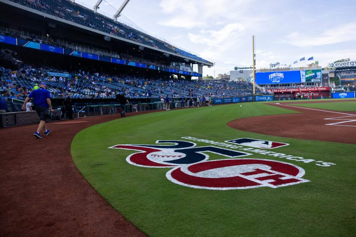 “Celebrating America's 250th” logo painted behind home plate during Thursday's Armed Forces Night game at Kauffman Stadium on July 2, 2026. The Tampa Bay Rays came out on top over the Royals with a final score of 5 to 2.