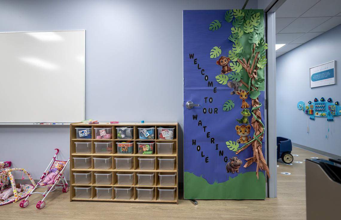 A classroom door decorated with animal-themed artwork is seen on Wednesday, April 29, 2026, at Caravel Autism Health clinic in Liberty.