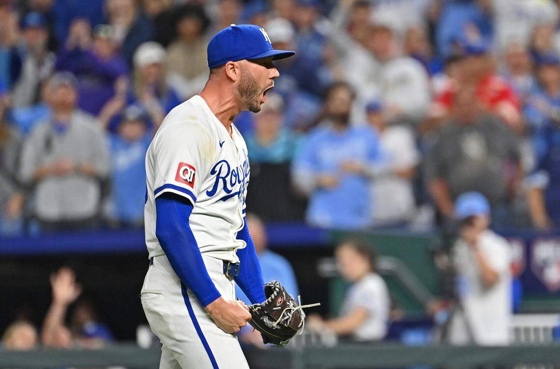 Kansas City Royals relief pitcher Lucas Erceg was pumped up after striking out Minnesota Twins catcher Ryan Jeffers during a game at Kauffman Stadium.