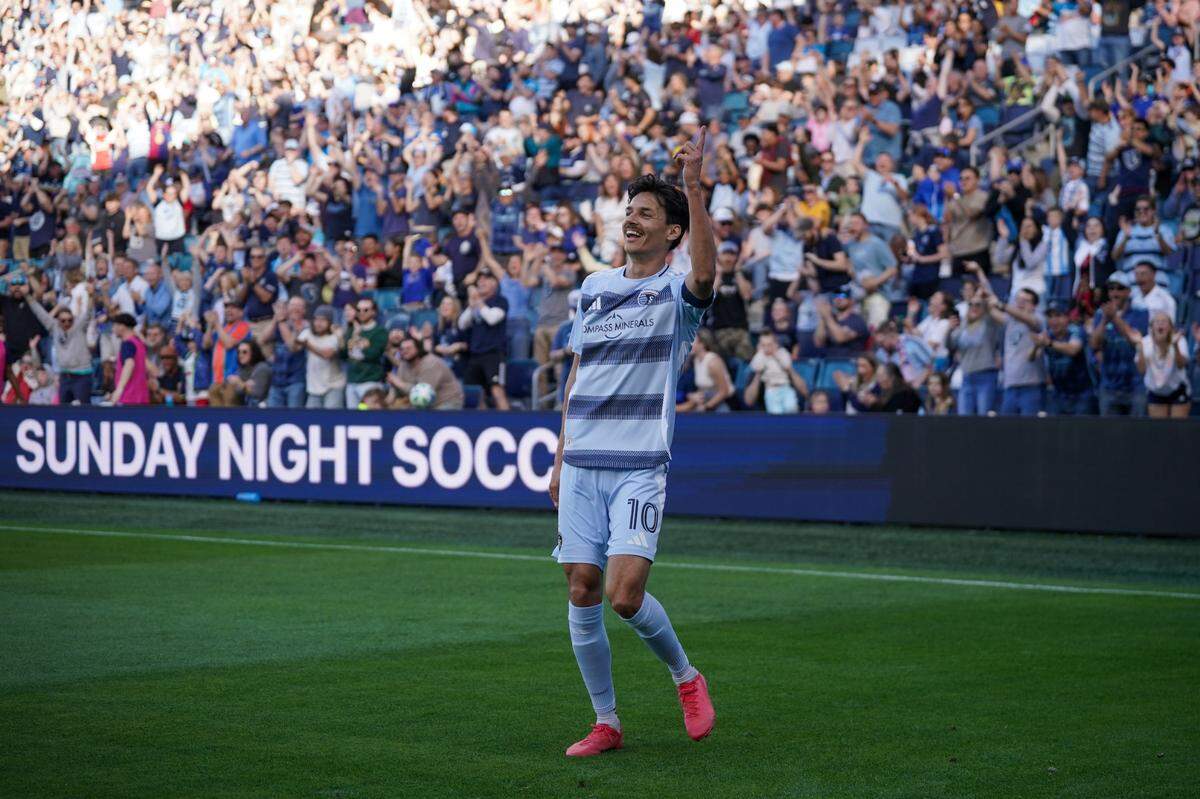 Sporting Kansas City forward Daniel Salloi celebrated when his team got on the board via an own-goal by the L.A. Galaxy on Sunday, May 4, 2025 at Children’s Mercy Park in Kansas City, Kansas.