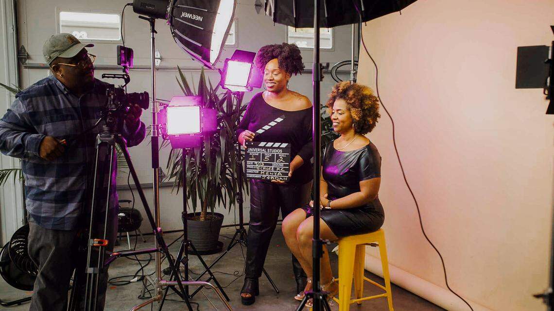 Echoes of the City KC founders Geaneen Anderson, (right) and Kenya Williams (left), with videographer Jordan Stephens in the studio where they create documentaries of Black creatives in Kansas City.