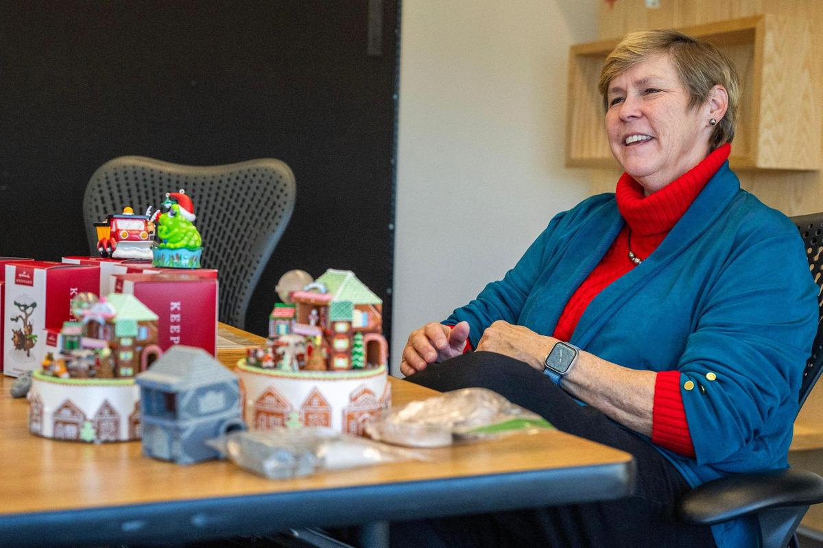 Artist Sharon Visker speaks about her style of ornament making at Hallmark headquarters in Kansas City.