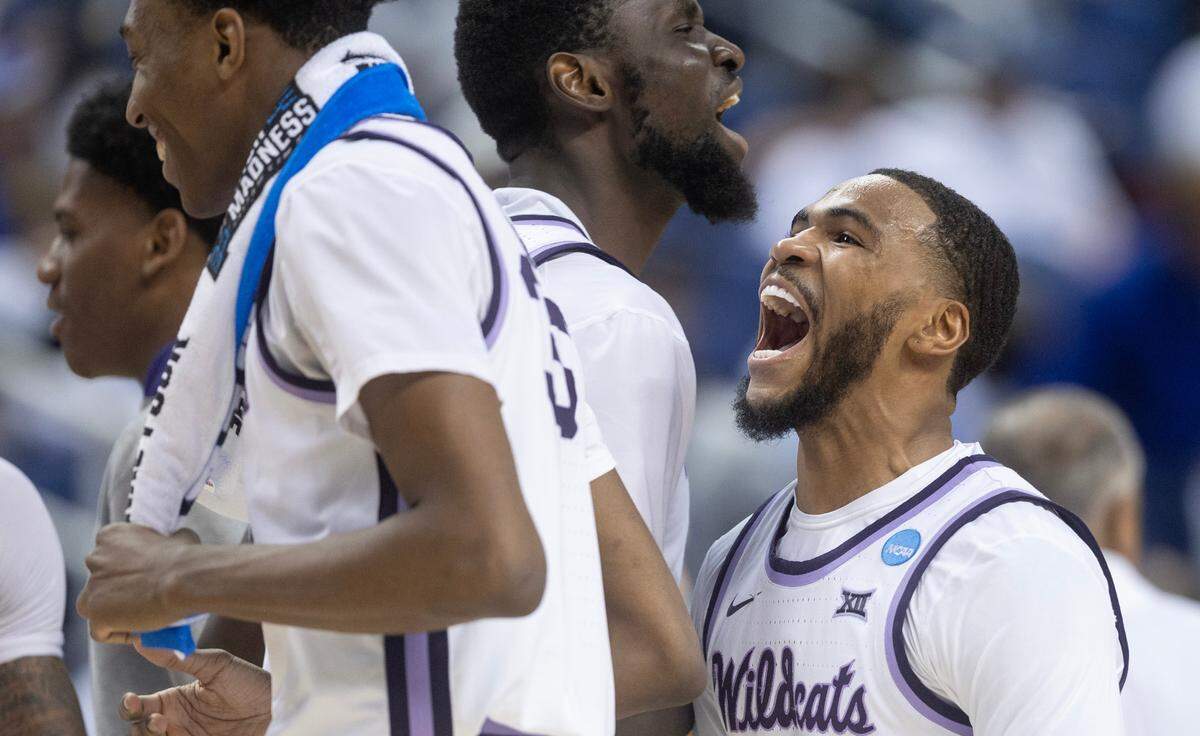 Kansas State’s Desi Sills celebrates during a timeout against Montana State during the first half of their first round NCAA Tournament game in Greensboro, NC on Friday night.
