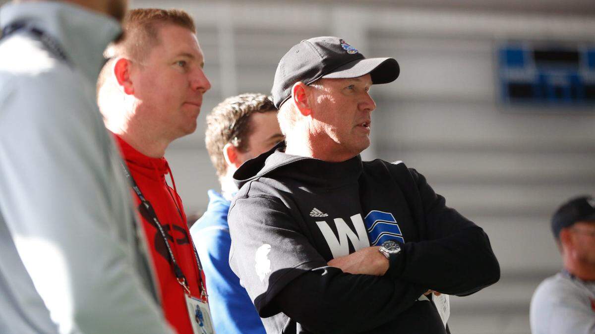 Kansas head coach Lance Leipold during a spring practice at the Jayhawks’ indoor facility.