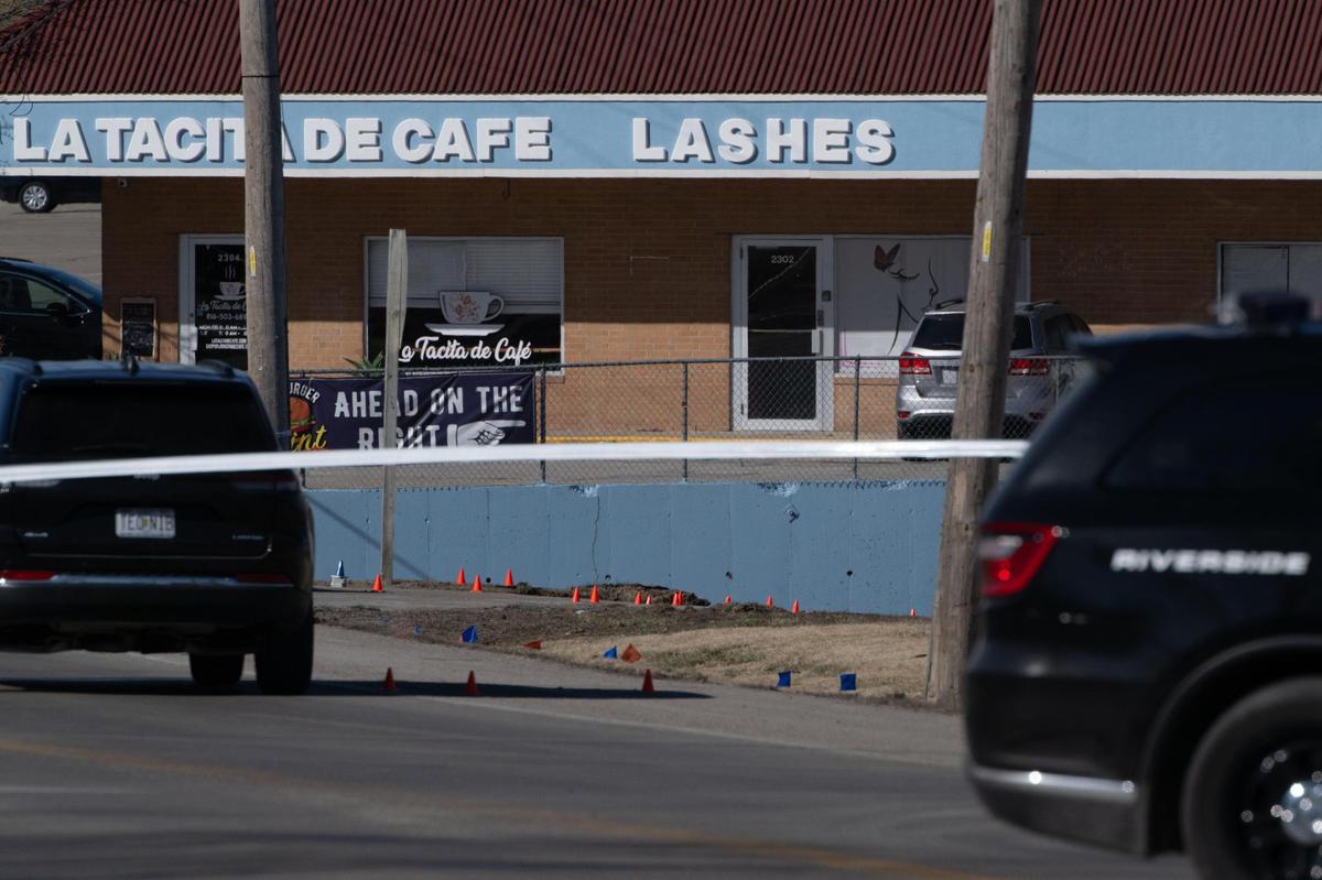 Orange cones mark shell casings from a police involved shooting in Riverside on Friday, Feb. 28, 2025. Police were investigating a double homicide. The suspect, George C. Manning III is deceased.