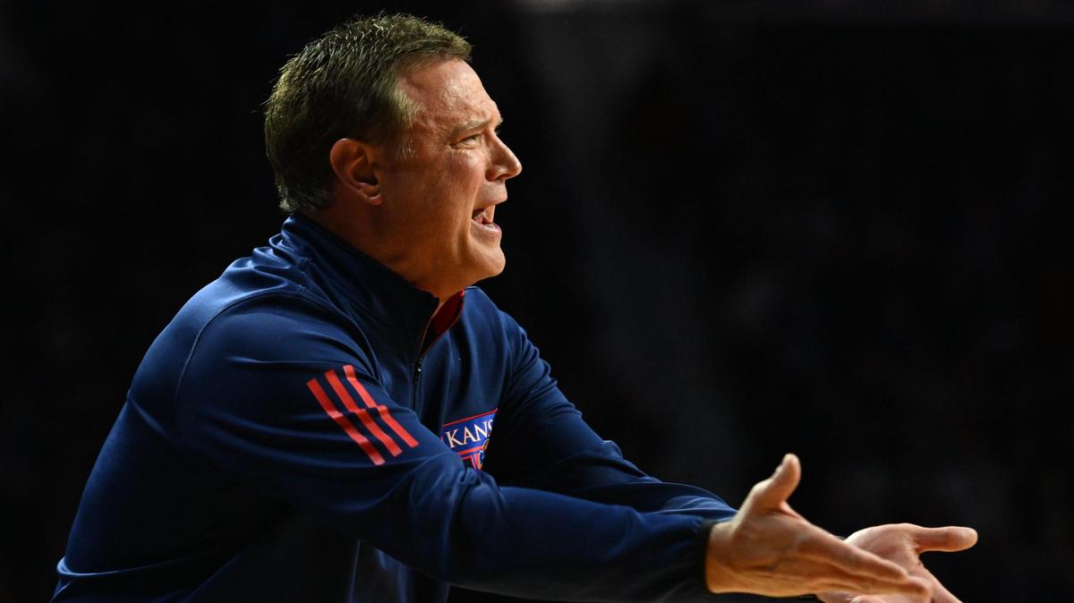 KU coach Bill Self pleads with his team during the first half of a Big 12 Conference game at Bramlage Coliseum. in Manhattan, Kansas. K-State beat KU 83-82 in overtime.