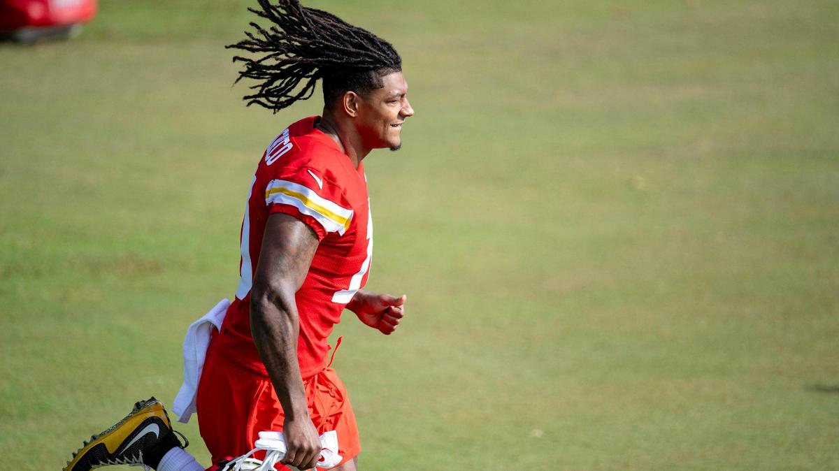 Kansas City Chiefs running back Isiah Pacheco (10) runs onto the practice field during the first day of NFL football training camp on Wednesday, July 19, 2023, in St. Joseph, Mo.
