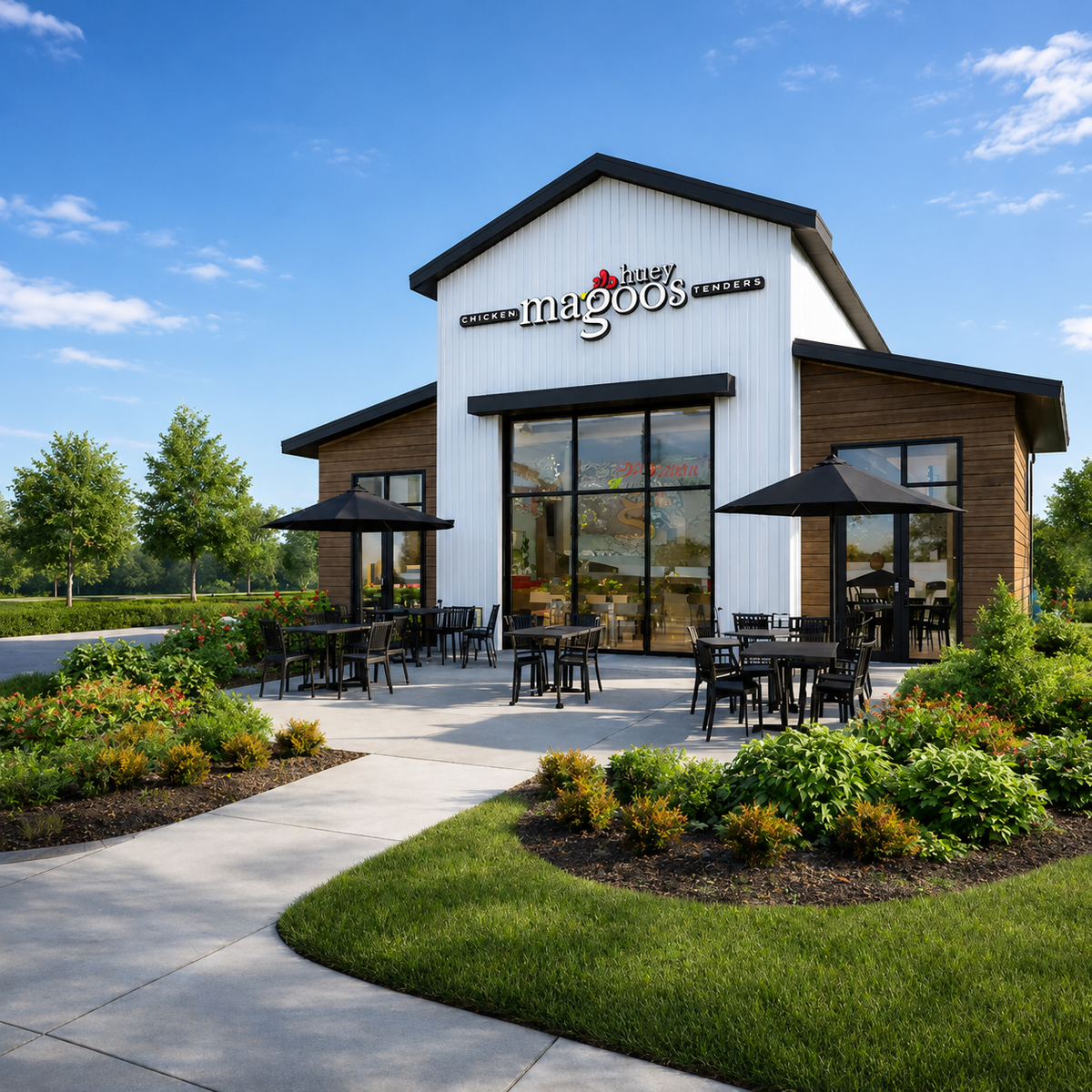 A prototype of the new Huey Magoo’s storefronts, including in Harrisonville, Missouri.