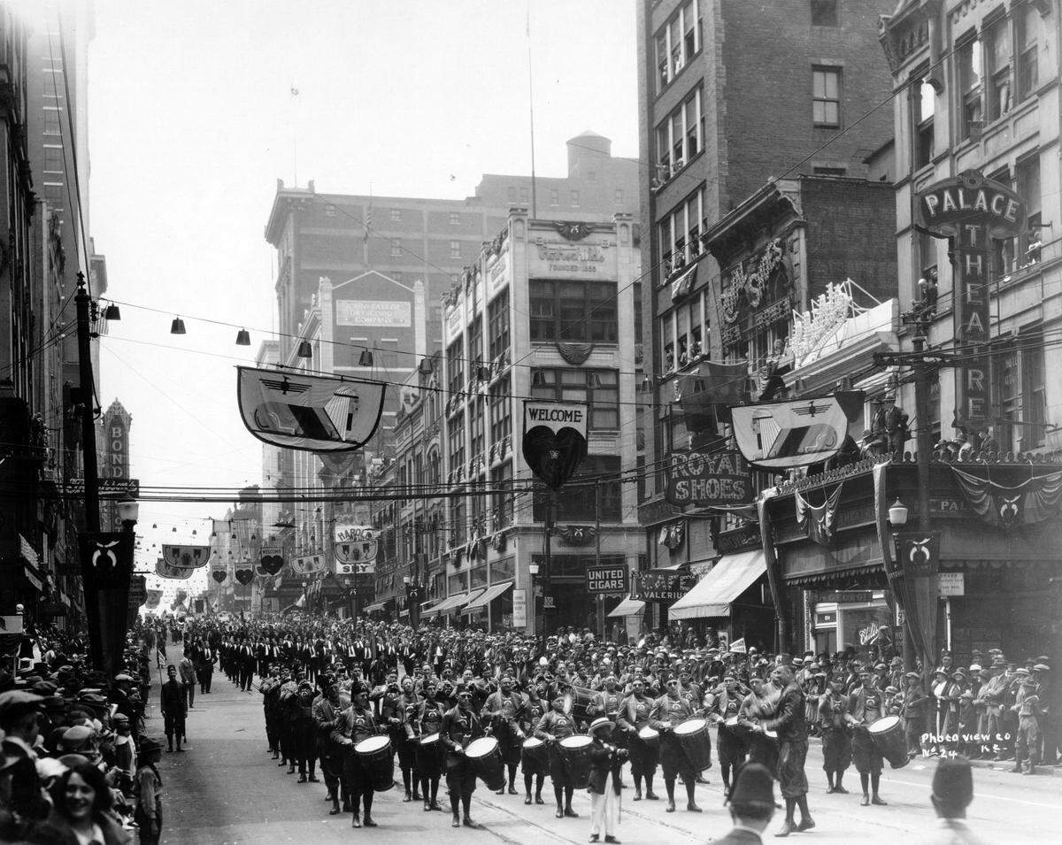 Distant view of parade heading north on Main near 10th Street, 1924, General Photograph Collection (P1).