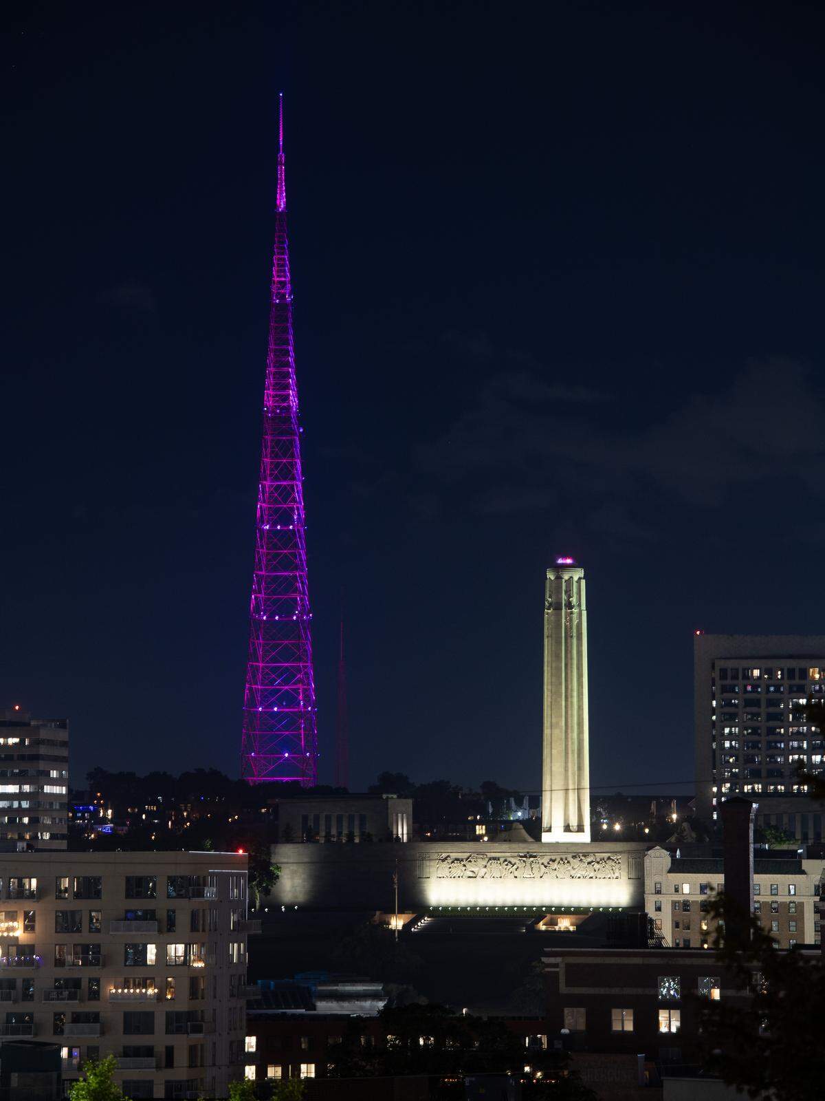 The KCTV Tower shined in the night after it was lit with new LED lights on Thursday, Sept. 18, 2025. The original lights on the 1,042-feet-tall tower were shut down in 2004 due to aging infrastructure and maintenance costs.