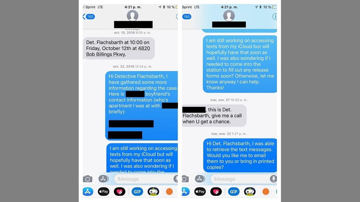 Text messages between the woman and a Lawrence detective show the officer failing to respond to a message about her case for over a month.