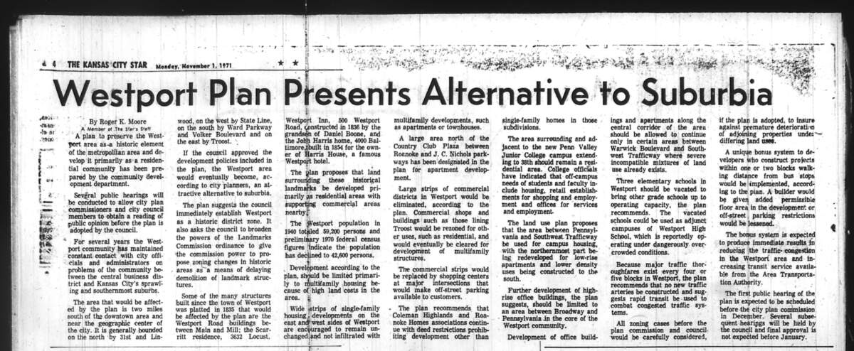 A 1971 article in The Kansas City Star discusses a plan for Westport.