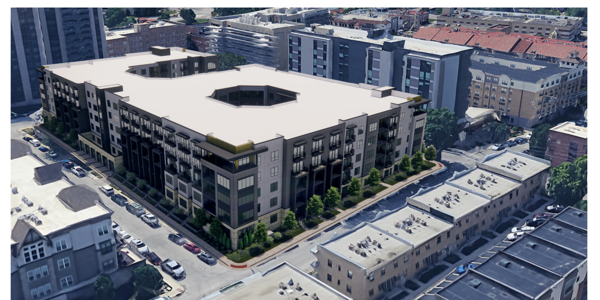An artists’ rendering shows an aerial perspective from the northeast of a proposed $61 million apartment complex north of the Country Club Plaza.