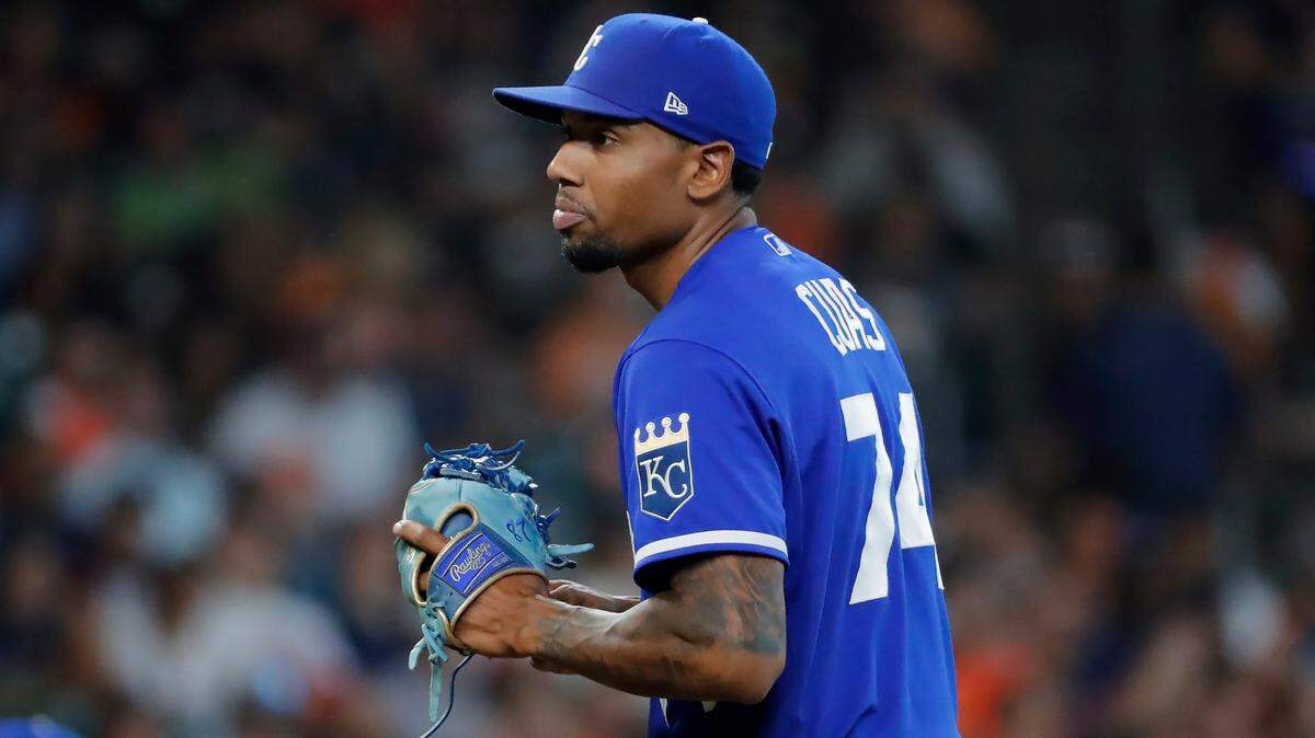 Kansas City Royals relief pitcher Jose Cuas during a baseball game against the Houston Astros Thursday, July 7, 2022, in Houston. (AP Photo/Michael Wyke)