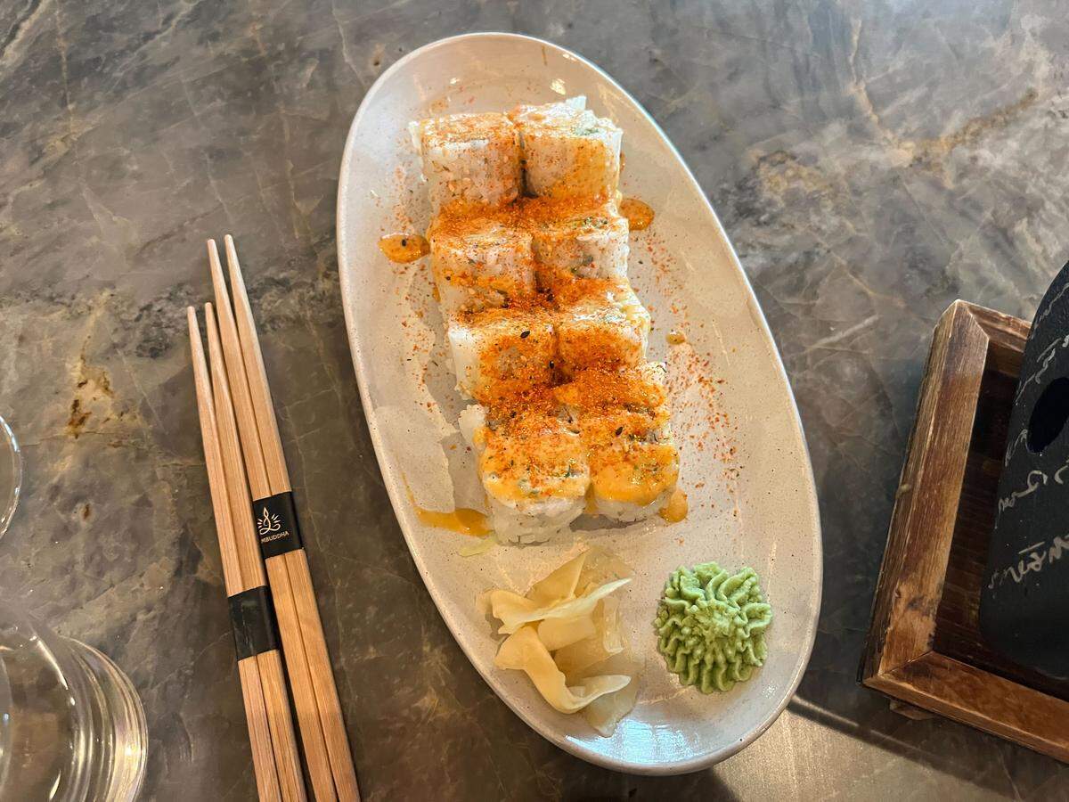 The firecracker sushi rolls are made with lobster, avocado, togarashi and spicy mayo, served at Palm Tree Club, 14 E. 14th St.