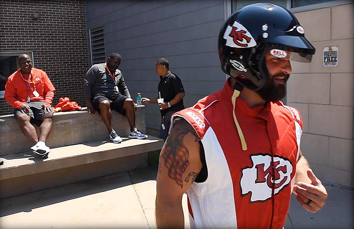 Former Chiefs fullback Anthony Sherman always put on a good show when he arrived at the team’s annual training camp in St. Joe,. A few years ago he wore a different type of helmet as an homage to friend and NASCAR driver (not to mention Emporia, Kan. native) Clint Bowyer. Oh, and on that day he drove up in one of Bowyer’s old racecars.