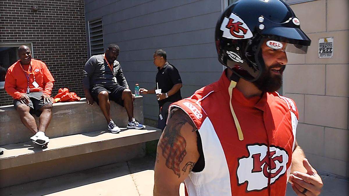 Chiefs fullback Anthony Sherman arrived at training camp in St. Joseph, Mo., Friday wearing a different kind of helmet and driving his friend Clint Bowyer’s NASCAR racecar into the players’ parking lot.