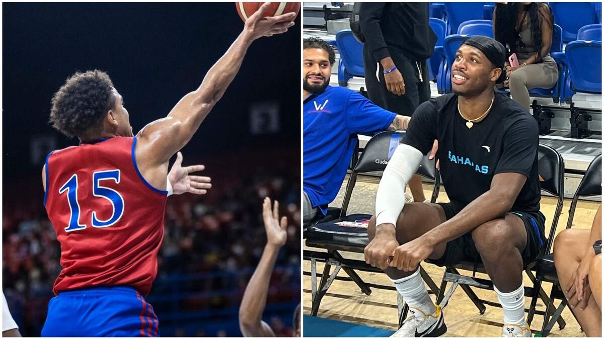 KU basketball’s Kevin McCullar (left) went head to head with NBA star Buddy Hield while facing the Bahamas National Team in Puerto Rico on Aug. 5, 2023.