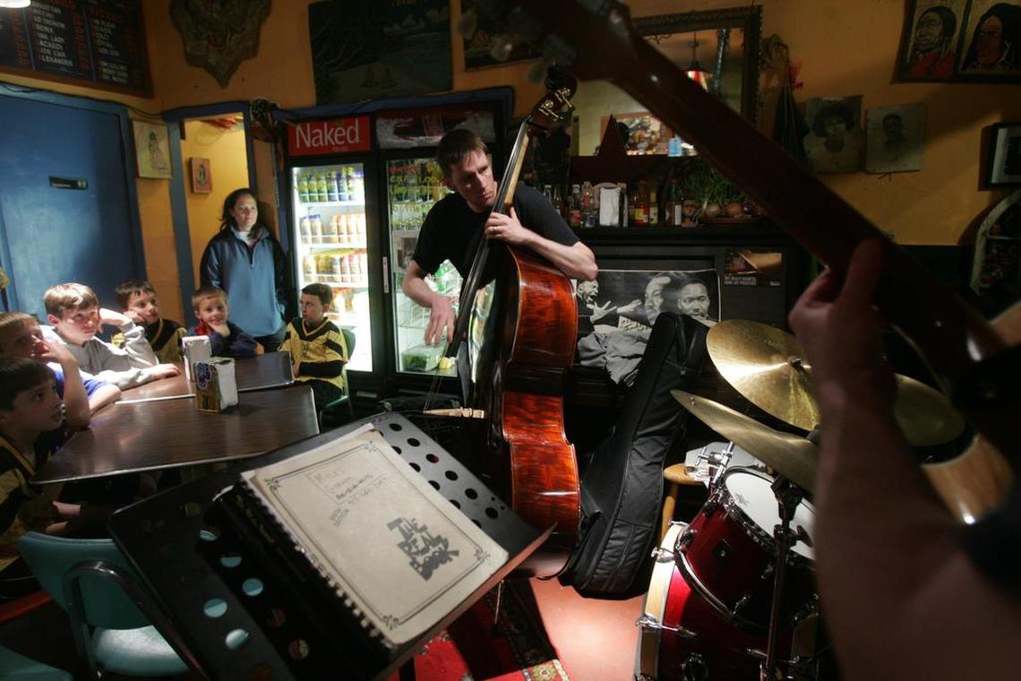 Jazz lives on in Kansas City: A jazz band played to a young audience in 2008 in YJ’s Snack Bar, a tiny Crossroads district eatery.