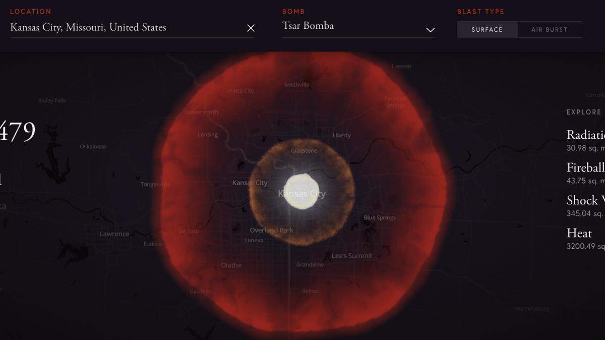 The nonprofit Outrider Foundation has a new tool that lets you simulate a nuclear bomb blast in any city around the world. This is what one particular blast over Kansas City would look like.