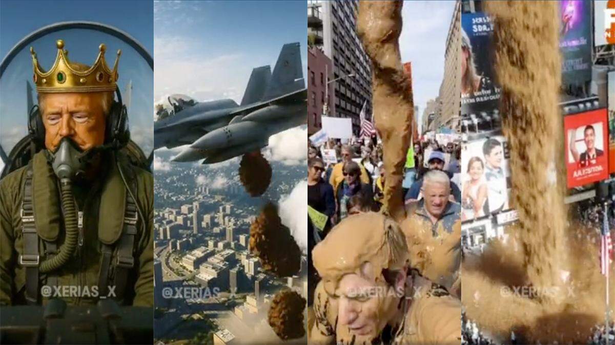 Donald Trump shared a video Oct. 18, 2025, depicting him dumping feces on American crowds from a jet fighter.