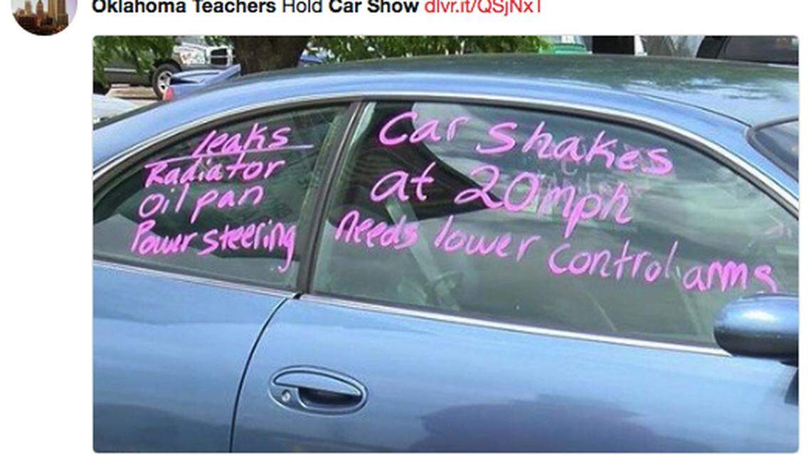 A group of Oklahoma teachers put on an unusual car show over the weekend in response to a comment Oklahoma governor Mary Fallin made about how teachers wanting more pay is "kind of like having a teenage kid that wants a better car."