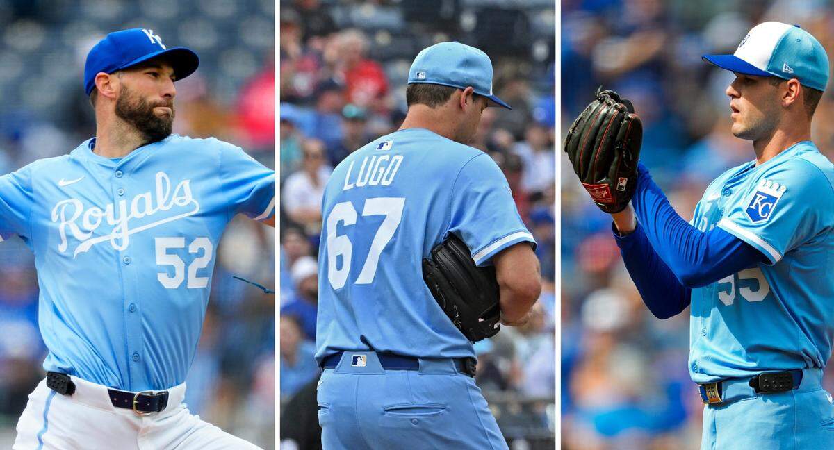 The Kansas City Royals’ top three starting pitchers (from left, No. 3 Michael Wacha, No. 2 Seth Lugo and ace Cole Ragans) haven’t exactly gotten off to the strong start most expect from the club’s rotation in 2025.
