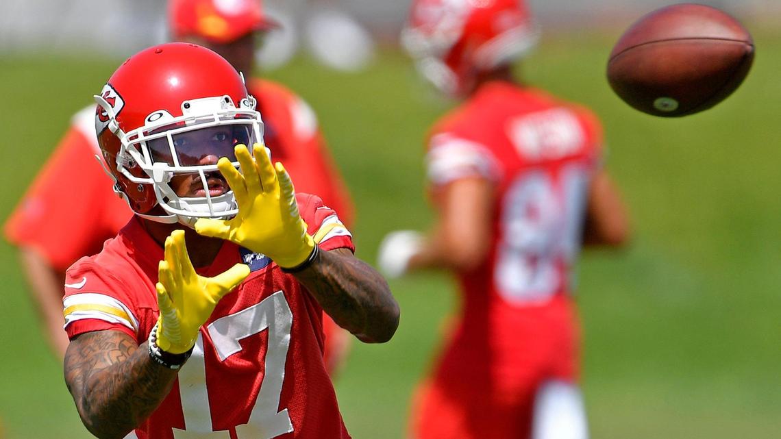 Kansas City Chiefs wide receiver Mecole Hardman looks in a pass during drills Tuesday at the Chiefs’ practice facility.