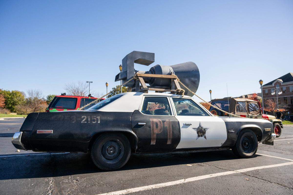 A replica of the Bluesmobile, a Dodge Monaco sedan like the one driven by characters Jake and Elwood Blues in “The Blues Brothers” movie, was the first movie car in Russell Dameron’s collection. The car is a faithful reproduction of the car seen in the movie, inside and out.