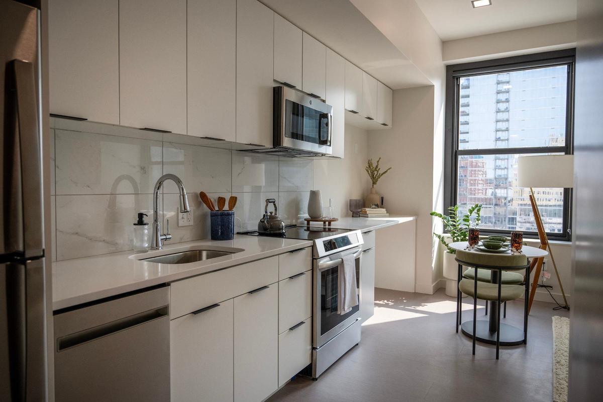 The kitchen of a one-bedroom apartment is shown at the Midland Lofts on Thursday.