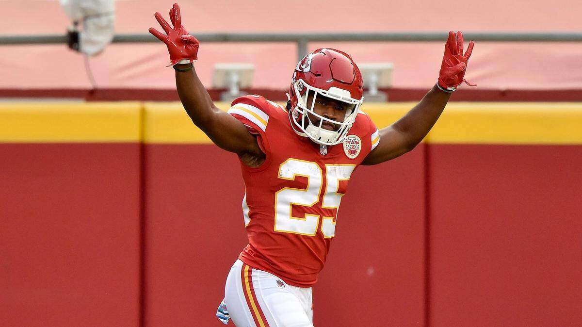 Kansas City Chiefs running back Clyde Edwards-Helaire runs on the field during player introductions in the Kansas City Chiefs game against the New England Patriots Monday, Oct. 5, 2020. The Chiefs defeated the Patriots 26-10.