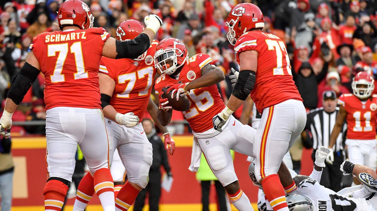 Kansas City Chiefs running back Damien Williams scored on short yardage against the Raider in the second quarter during Sunday’s football game on December 30, 2018 at Arrowhead Stadium in Kansas City, Mo.