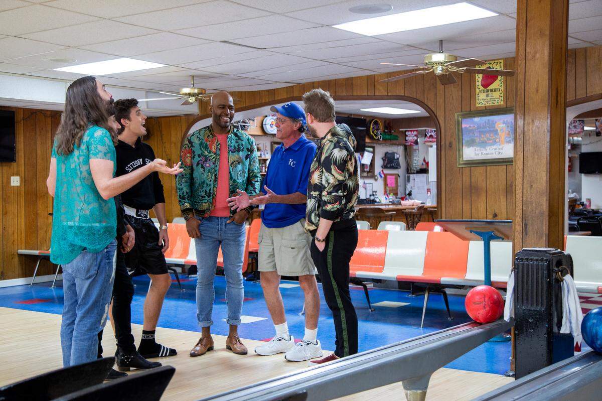 Kenny Yarnevich (wearing KC gear), who manages St. John’s bar and bowling alley, got a makeover on Season 4 of “Queer Eye,” with hosts, from left, Jonathan Van Ness, Tan France, Antoni Porowski, Karamo Brown and Bobby Berk.