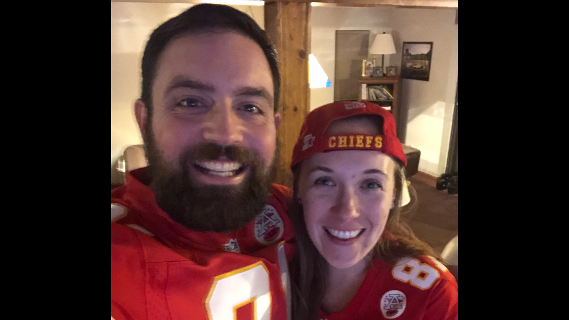 Adam and Kaitlyn Wright in their Chiefs gear in the aftermath of the Chiefs’ Super Bowl LIV victory over the San Francisco 49ers in February 2020.