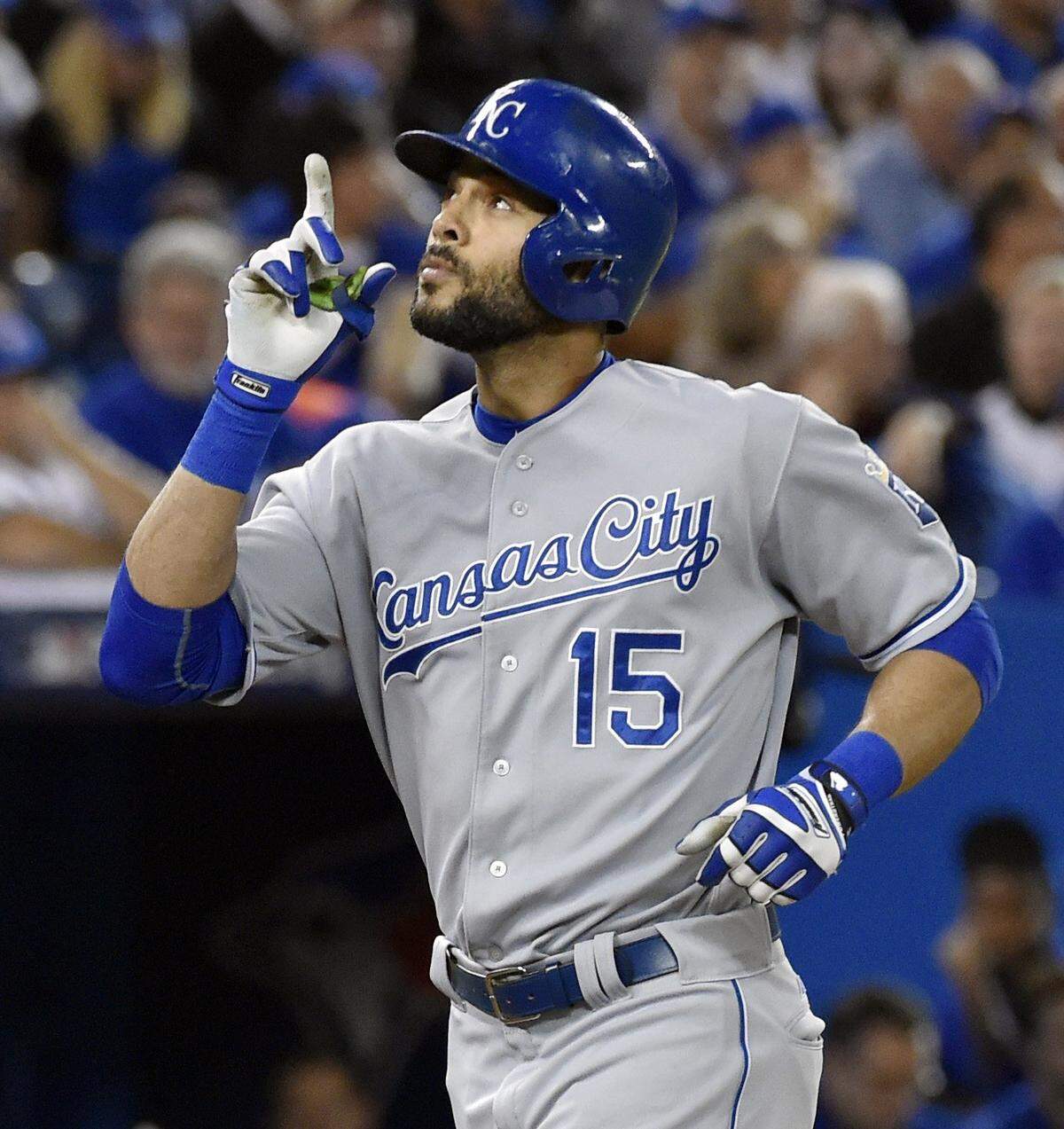 Kansas City Royals right fielder Alex Rios celebrates after hitting a solo home run in the second inning during Tuesday’s ALCS baseball game on October 20, 2015 at Rogers Centre in Toronto.