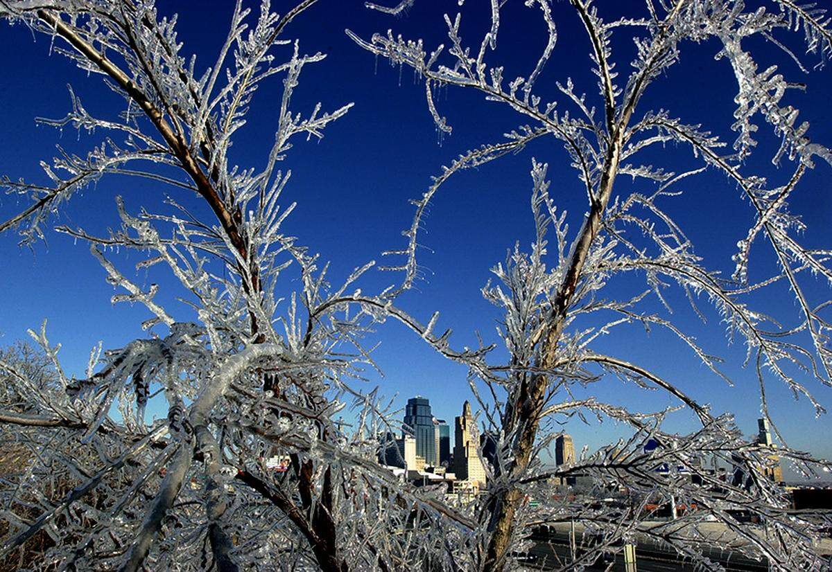 Downtown Kansas City can be seen through ice-covered branches in 2002, from the West Side along Interstate 35.