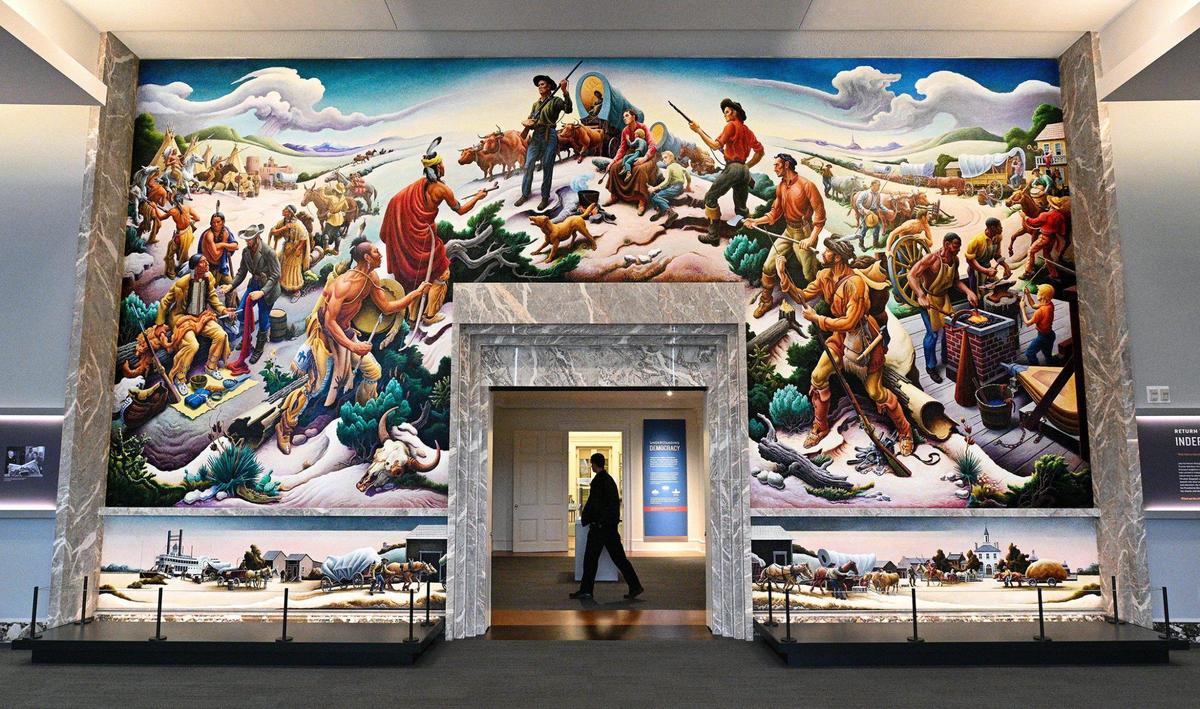 The Thomas Hart Benton mural “Independence and the Opening of the West” is a fixture in the lobby of the south entrance to the Harry S. Truman Presidential Library and Museum in Independence. It depicts the role Independence played in changing the American West.