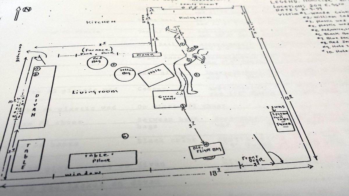A police diagram shows the crime scene at the 1979 double homicide of Wanda Conkling and husband William Cadwalader at their Kansas City home. Police suspect Robert Gross in the killings, but no one has ever been charged.