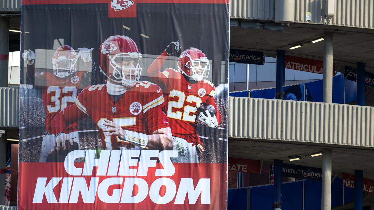 A Kansas City Chiefs banner featuring linebacker Nick Bolton, quarterback Patrick Mahomes, and cornerback Trent McDuffie hangs at GEHA Field at Arrowhead Stadium on Wednesday, Jan. 14 2026, in Kansas City. The team announced plans in December to leave their longtime stadium and build a new domed stadium in Wyandotte County, Kansas.