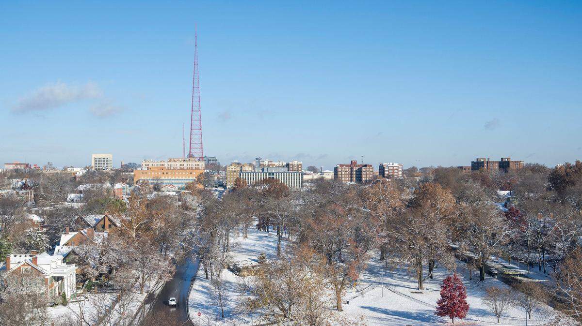 The KCTV tower was visible in the distance as snow blanketed Kansas City in 2023.
