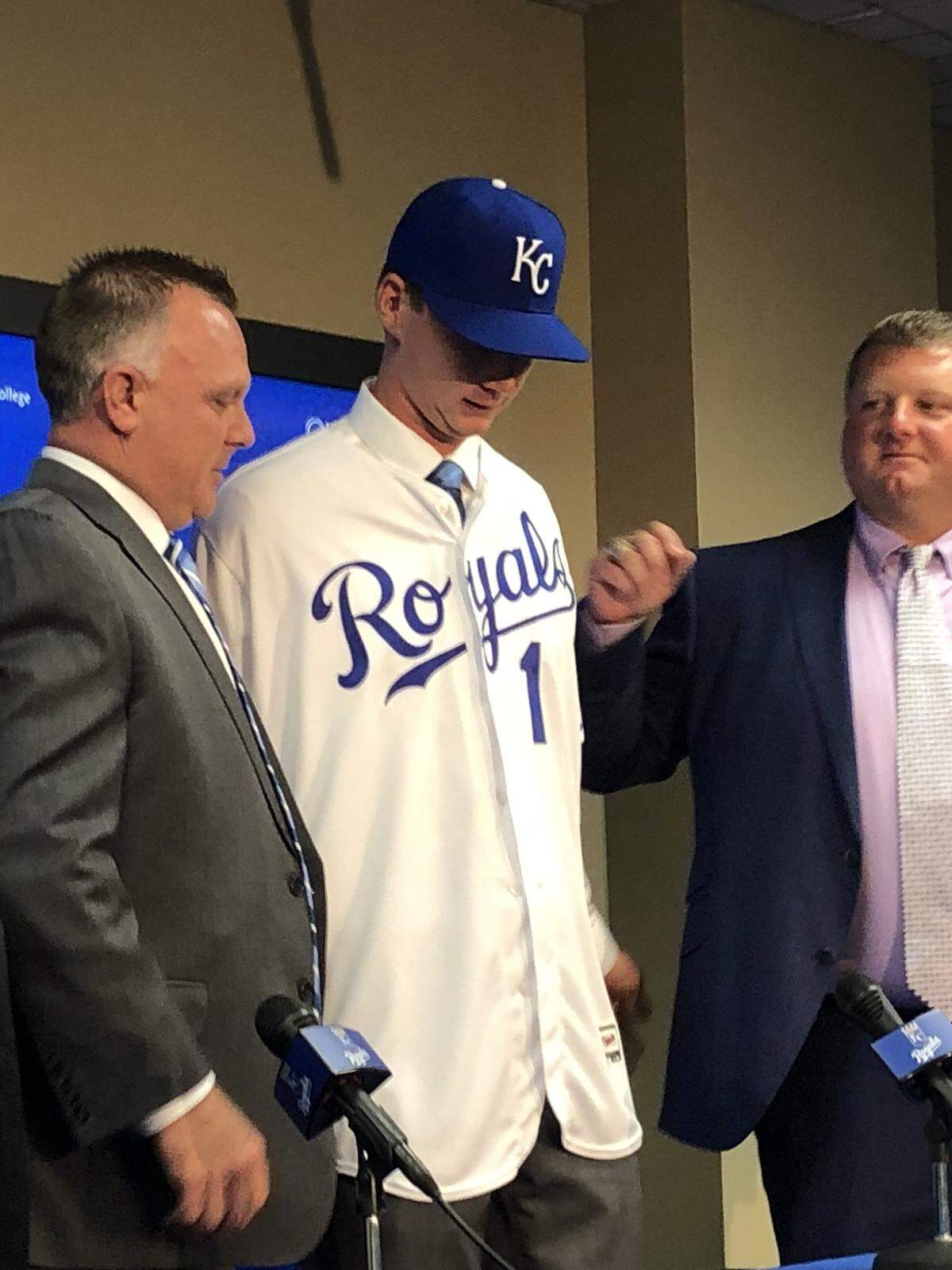 Brady Singer, the Royals' top draft pick last month, officially donned a KC jersey for the first time on Tuesday at Kauffman Stadium.