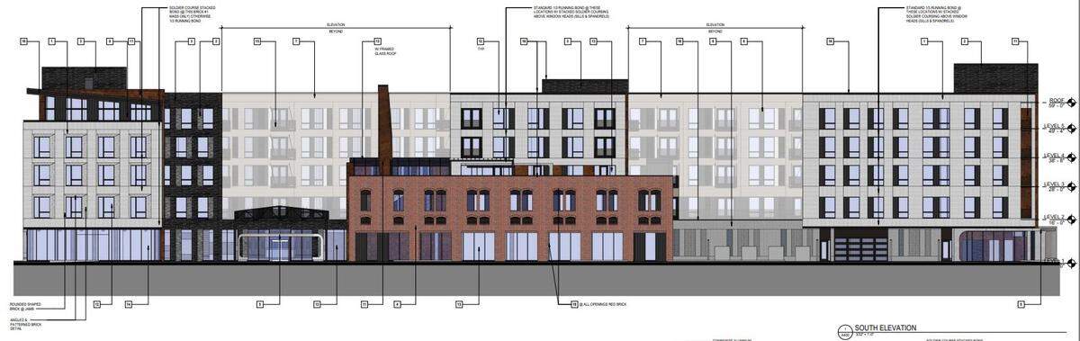 This architectural rendering, provided in city planning documents, shows SomeraRoad’s plans to build a new apartment building at the site of the Ridenour-Baker Grocery Co. Building at 933 Mulberry St. in Kansas City’s West Bottoms.