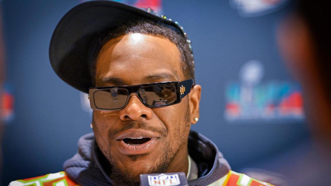 Kansas City Chiefs defensive end Frank Clark (55) answers questions during the team’s media availability Thursday, Feb. 9, 2023, in Scottsdale, Arizona.