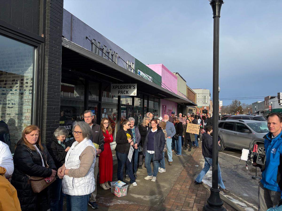 The crowd outside a Belton coffee shop on Monday where Rep. Mark Alford held a town hall.