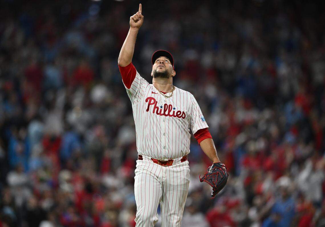 Philadelphia Phillies relief pitcher Carlos Estevez (53) reacts after pitching in the ninth inning against the Chicago Cubs at Citizens Bank Park on Sept. 25, 2024.